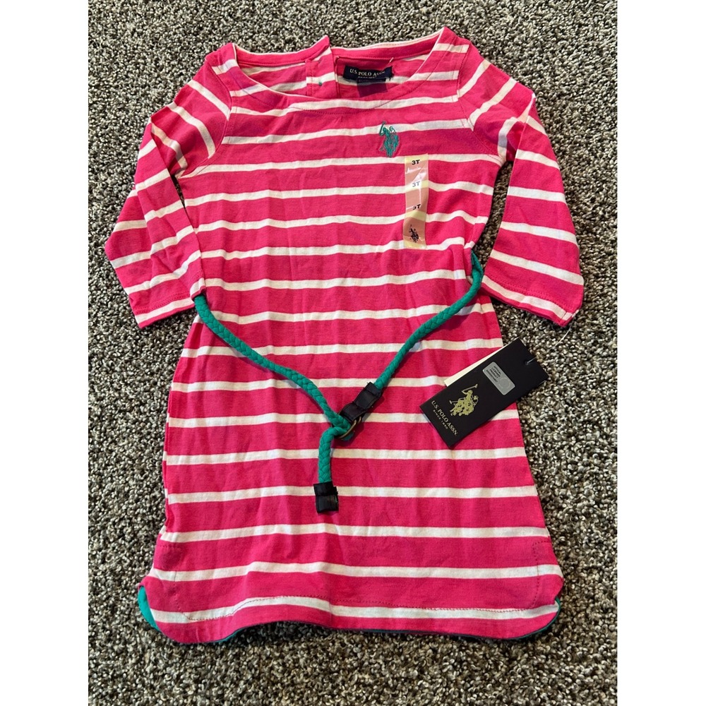 K4 US Polo‎ Assn Girls Pink Striped Dress 3T Long Sleeve Casual Cute